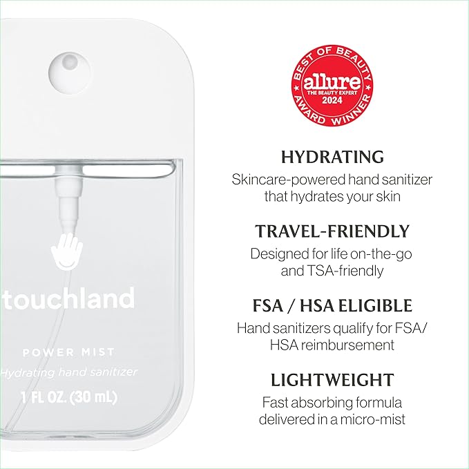 Touchland Hydrating Hand Sanitizer Spray – Dye Free Trio Set (Rainwater, Unscented, Beach Coco) – 3 x 1 FL OZ Mini Travel Size Mists