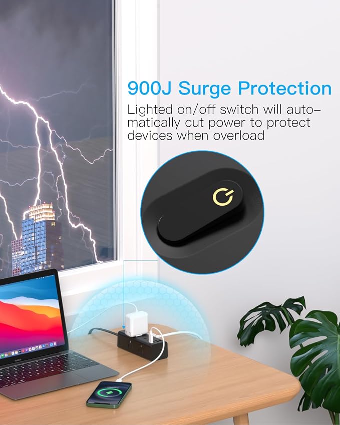 25Ft Extension Cord with Multiple Outlets, Flat Plug Power Strip Surge Protector with 20 Ft Long Cord, 6 Outlet 4 USB Ports (2 USB C), Multi Outlet Wall Plug for College, Dorm Room Essentials(Black)