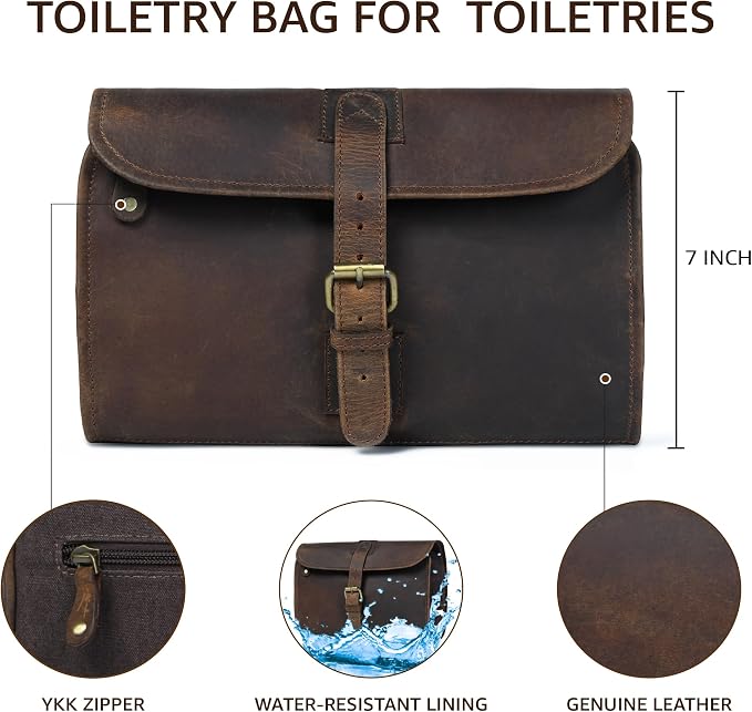 LEATHER VILLAGE Hanging Genuine Leather Toiletry Bag for Men & Women with Waterproof Lining – Handcrafted Vintage Travel Dopp Kit, Shaving Organizer & Shower Bathroom Essentials Case - Brown