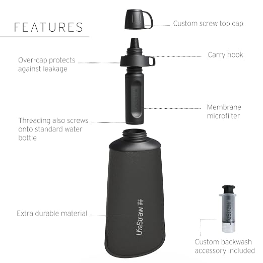 LifeStraw Peak Series — Collapsible Squeeze Bottle Water Filter System BPA Free - 650 ml for Trail Running, Camping, Hiking, Travel, Cycling, and Fishing; Dark Mountain Gray