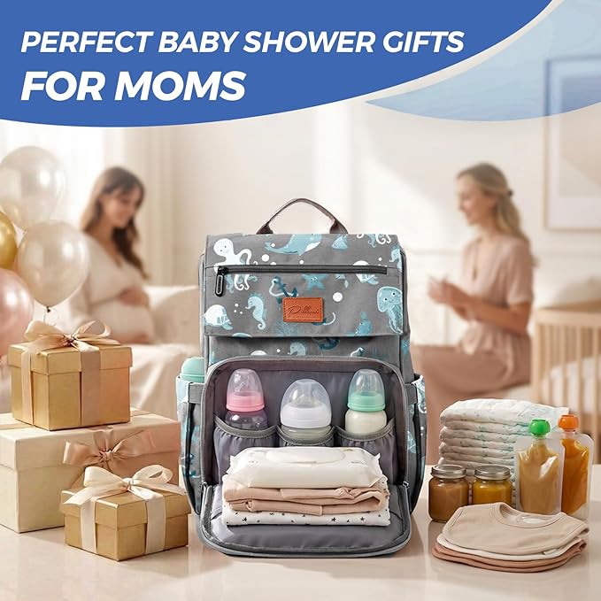 PILLANI Baby Diaper Bag Backpack - Backpack Diaper Bag w/Large Capacity - Baby Shower Gifts - Waterproof Travel Diaper Bags w/Changing Pad, Insulated Bottle Holders, Padded Straps - Baby Boy Stuff
