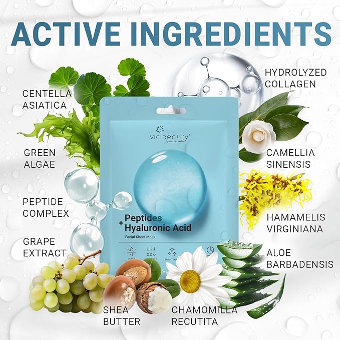 VIABEAUTY 8 Pack Hyaluronic Acid Face Mask with Peptides Complex - Deep Hydrating & Brightening Facial Sheet Mask - Moisturizing Face Masks Skincare Facial Sheets for All Skin Types
