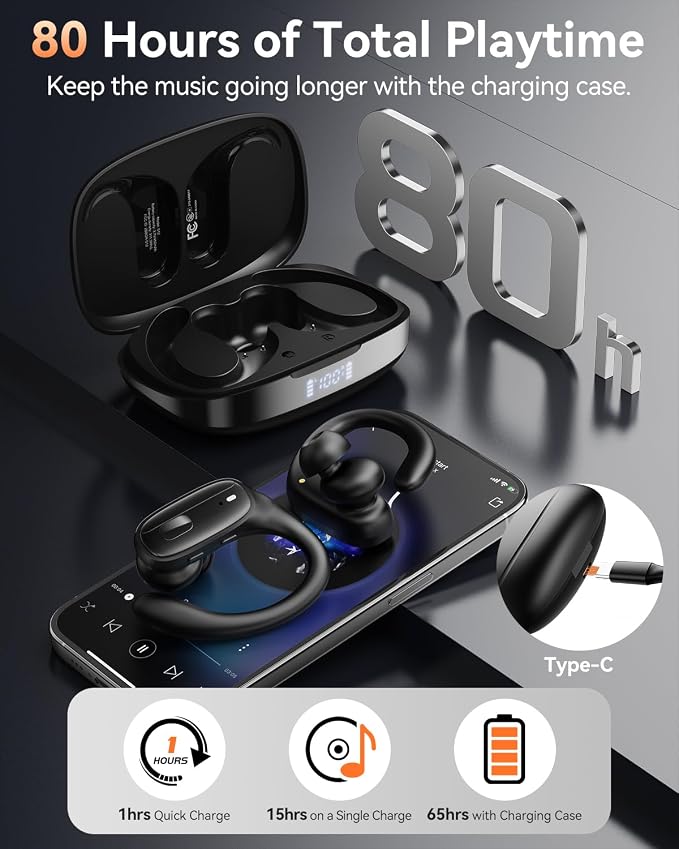 LEEMC Wireless Earbuds, Bluetooth Headphones 5.4, 80Hr Playtime Ear Buds with Hooks for Sports, Noise Canceling, LED Display, IPX7 Waterproof Earphones for Workout Running, Onyx