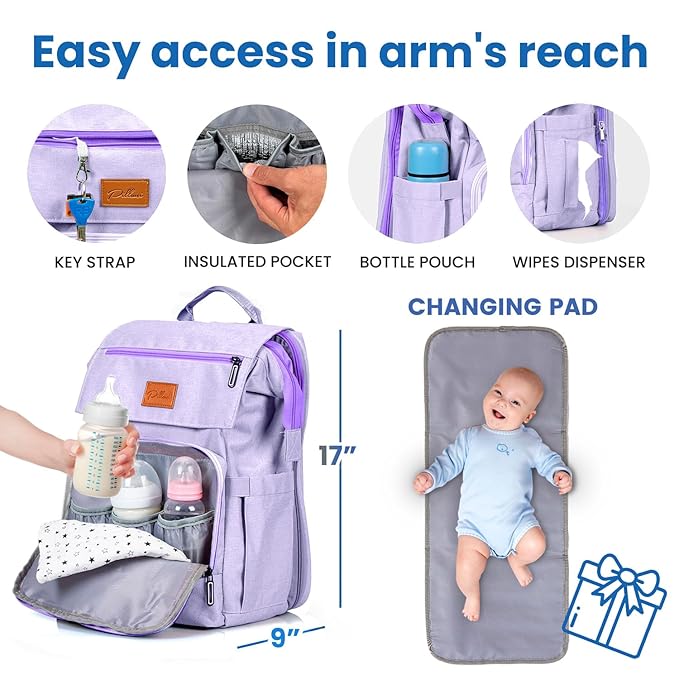 Baby Shower Gifts for Mom - Diaper Bag Backpack - 16 Organizer Pockets Baby Diaper Bag w/ Insulated Bottle Holders & Wipes Pocket, Large Capacity Baby Bag Backpack - Waterproof & Easy to Clean, Purple
