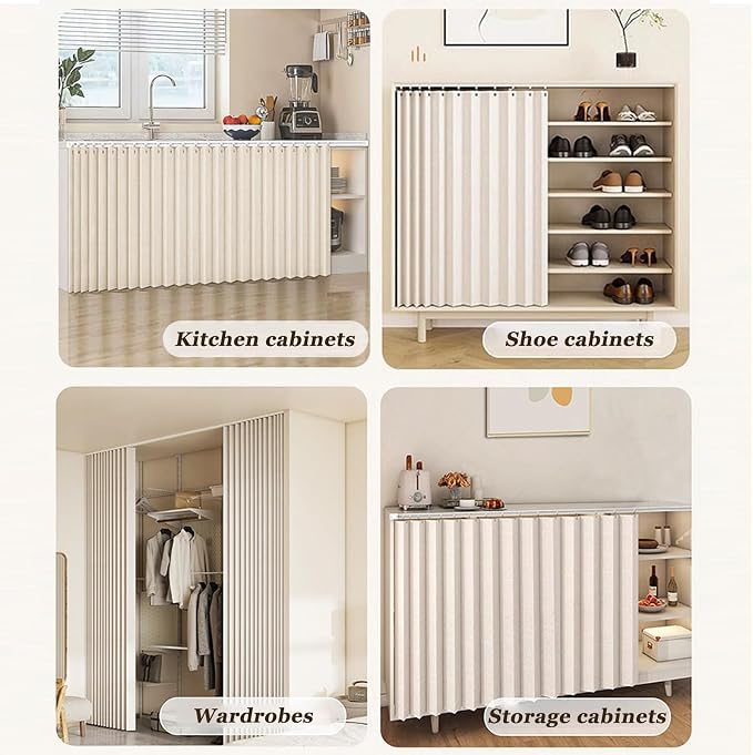 Accordion Cabinet Curtain with Silent Slide Rail,Folding Dust-Proof Shelf Cover for Kitchen & Pantry,No Drill Track Installation for Cupboard,Under Sink & Shoe Rack(Gray,40.9" Wx19.7 L)