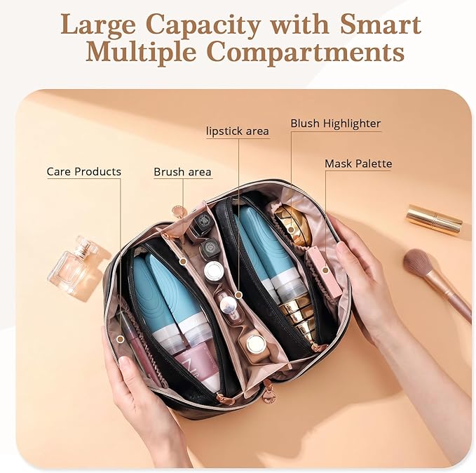 Travel Makeup Bag for Women: 3-in-1 Large Capacity Cosmetics Organizer with 2 Detachable Pouch - Vegan Leather Flat Open Toiletry Bag - Portable Travel Essentials for Full-Sized Bottles-Black