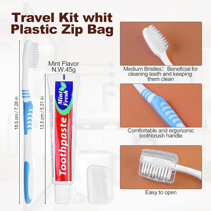 Disposable Toothbrushes with 45 Grams Toothpaste Individually Wrapped, Travel Kit White Plastic Zip Bag,Toothbrush Head Cover, Bulk Toothbrush for Homeless,Travel,Shelter,Air Bnb,Hotel,Guest (4)