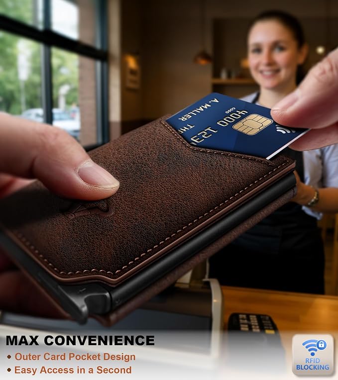 BULLIANT Men Wallet Leather Wallet Card Holders Money Clip for Men 10Cards-Magnetic Flip on Metal Case