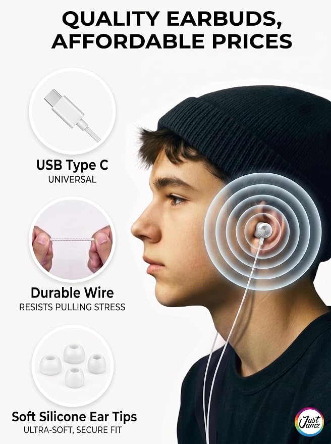 Pearl 50 Pack USB C Headphones Wired Earbuds Bulk for iPhone 17/16/15 Pro Max Plus, Galaxy Series, Chromebook, MacBook, Type C Earbuds Wired Headphones for School Classroom, White, No Microphone