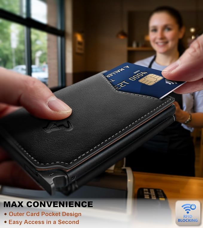 BULLIANT Men Wallet Leather Wallet Card Holders Money Clip for Men 10Cards-Magnetic Flip on Metal Case