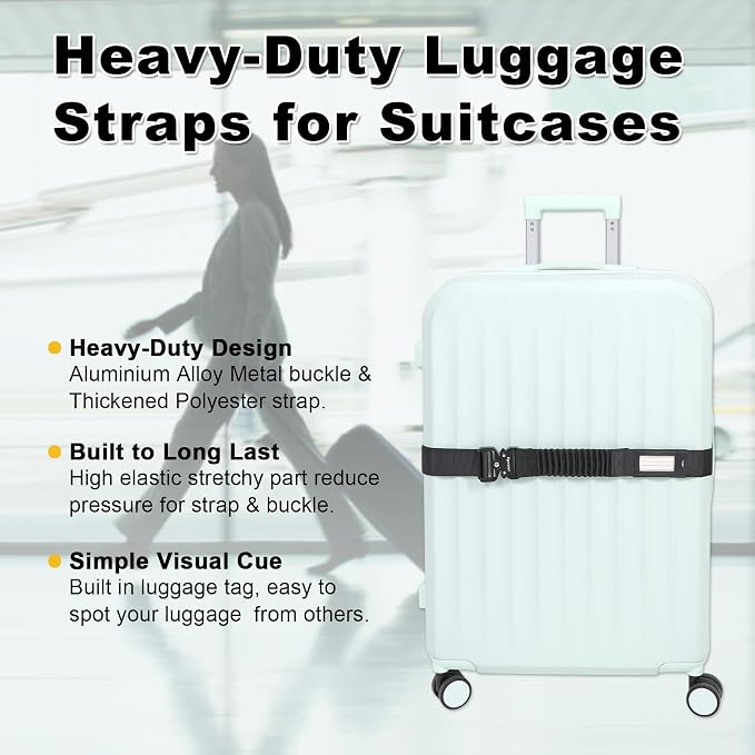 Vigorport Luggage Straps for Suitcases TSA Approved Suitcase Belt, Stretchable Travel Strap for Luggage, Heavy Duty Metal Buckle Luggage Belt Strap (Black, 72" Long/1PK)
