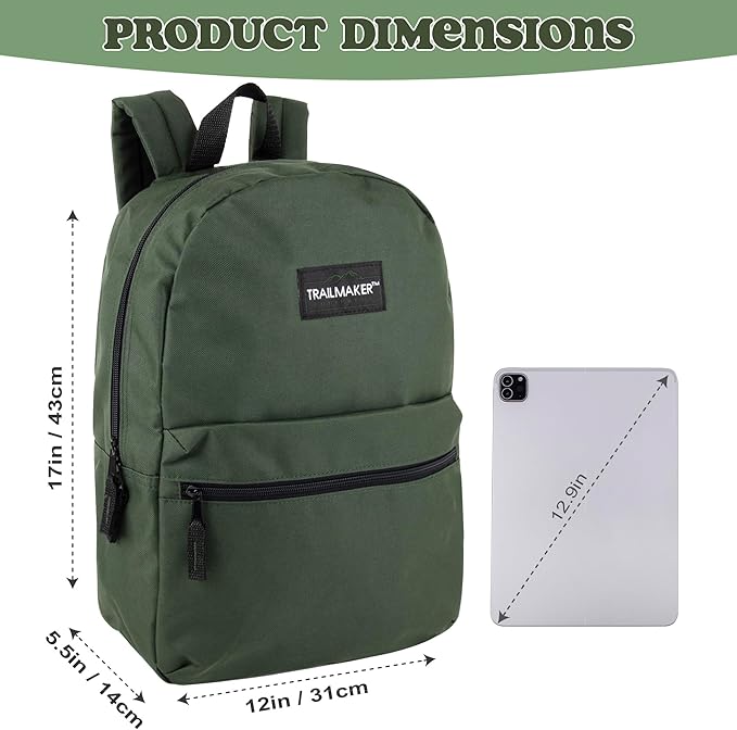 Trail maker Classic 17 inch Backpacks with Adjustable Padded Straps | School Backpacks for Girls, Boys (Green)