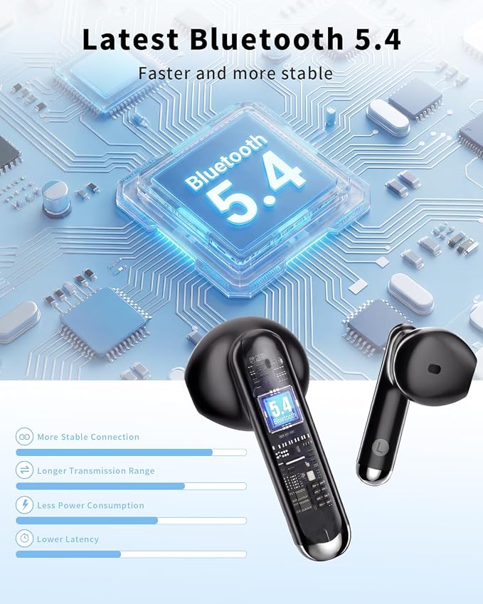 Wireless Earbuds, 2026 Bluetooth 5.4 Headphones Bass Stereo Ear Buds with Noise Cancelling Mic, LED Display in Ear Earphones 50H Playtime Ear Buds, IP7 Waterproof for Laptop Pad Phones Deep Black