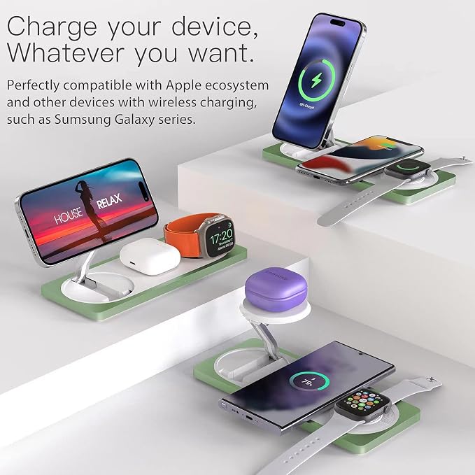 PETINO 3 in 1 Wireless Charging Station for Apple Devices with MagSafe | For iPhone 17/Air/16/15/14/13/12, AirPods & Apple Watch, Foldable Portable Aluminum Charging Stand, Adapter Included