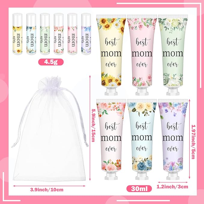 48 Sets Best Mom Ever Church Gifts Bulk for Women Birthday Gifts for Mom Hand Cream and Lip Balm Set with Organza Bag Thank You Card Mother Gift Bag Stuffers