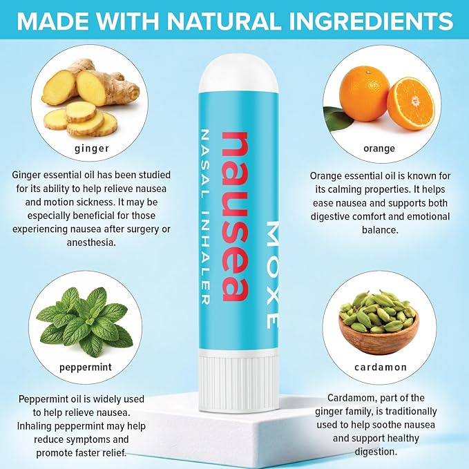 MOXE Nausea Nasal Inhaler Sticks, All Natural Essential Oil Blend, Ginger, Cardamom, Peppermint, Sweet Orange, Upset Stomach, Headaches, Easy-to-Use Portable Aromatherapy, Made in USA, 1 Pack