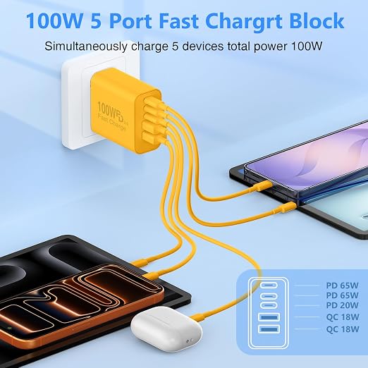 QZIIW USB C Wall Fast Charger Block, 100W 5-Port Type C Fast Charging Block 3 Pack-PD Power Charger Adapter QC 3.0 USB Multiport Charger Brick for iPhone 17 16, Samsung Series MacBook/Air, iPad, etc.