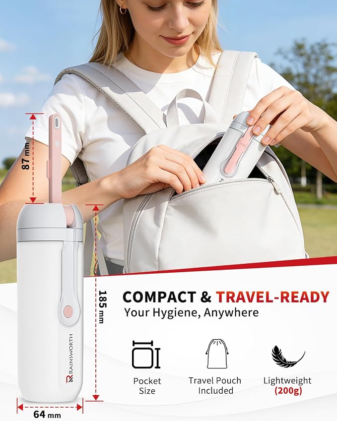 Rainsworth Portable Electric Bidet for Travel, 350ML Large Capacity, Rechargeable 1600mAh with Adjustable Nozzle, Dual Flow Modes, IPX6 Waterproof, Personal Cleaner for Women & Men, Travel, Commute