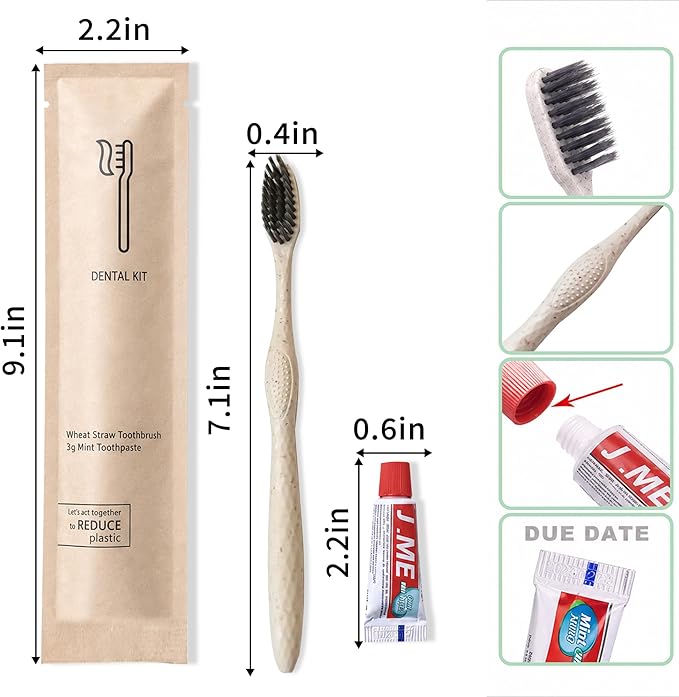 50 Sets Disposable Toothbrushes with Toothpaste (3g) Kit, Individually Wrapped Soft Bristle Travel Toothbrush,Wheat Straw Handle,Bulk for Hotel,Homeless,Nursing Home,Charity,Camping.