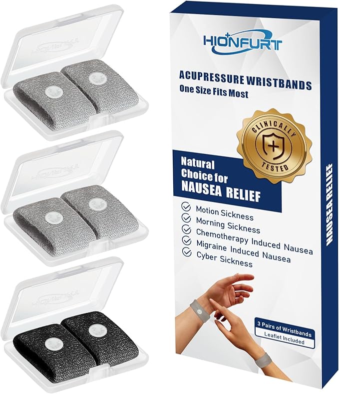 Hionfurt Motion Sickness Bands Anti Nausea Wristband for Adult and Kids Morning Sickness Relief for Pregnant Women Acupressure Nausea Relief for Car, Sea, Air Sickness - 3 Pairs Gray, Gray, Black