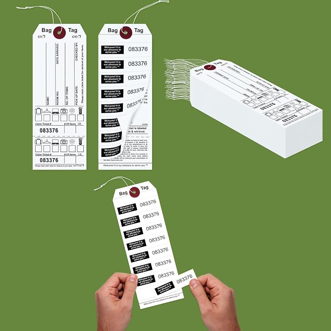 1000 Bag Identification Manifold Construction Tags for Multiple Bags. Printed in Black Ink on White Stock & 8 White Labels with Matching Numbers & Elastic String Attached. Size: 6 3/4" (H)x2 1/2" (W)