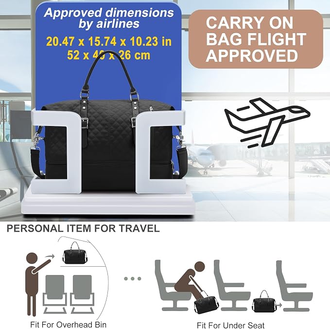 Travel Duffel Bag, Weekender Overnight Bag for Women with Trolley Sleeve, Carry On Bag for Airplanes Sport Tote Gym Bag with Shoes Compartment.(Black)