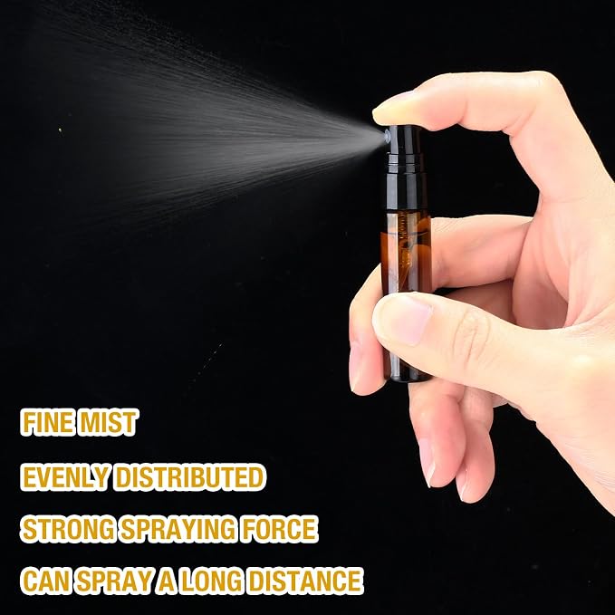 Tanlade 300 Pcs 5ml Mini Spray Bottles Refillable Brown Glass Travel Perfume Atomizer Mouthwash Bottle Cologne Small Sample Containers for Essential Oils, Retailers