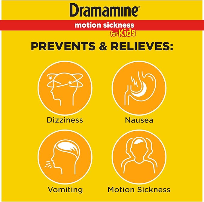Dramamine Non-Drowsy, Motion Sickness Relief, Made with Natural Ginger, 18 Count & Kids Chewable, Motion Sickness Relief, Grape Flavor, 8 Count