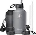 64 oz Insulated Water Bottle with Straw & 3 Lids, Coolflask Half Gallon Water Jug Large Metal Stainless Steel Wide Mouth for Sports, Gym or Office, Non-BPA Keep Cold 48H Hot 24H, Knight Grey
