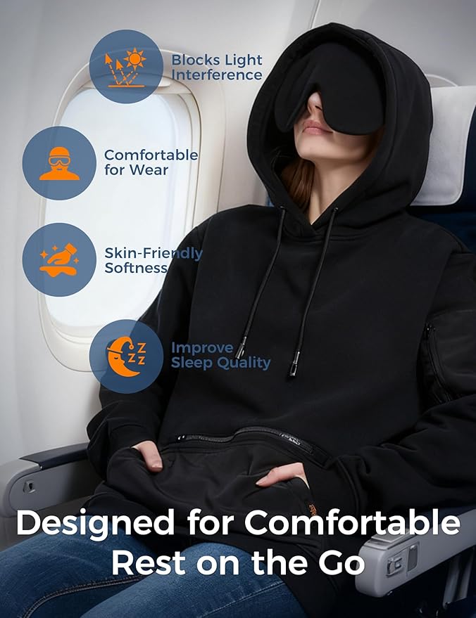 Travel Hoodie with Built-In Eye Mask for Airplane Travel Breathable Comfort Pullover Sweatshirt Multiple Pockets