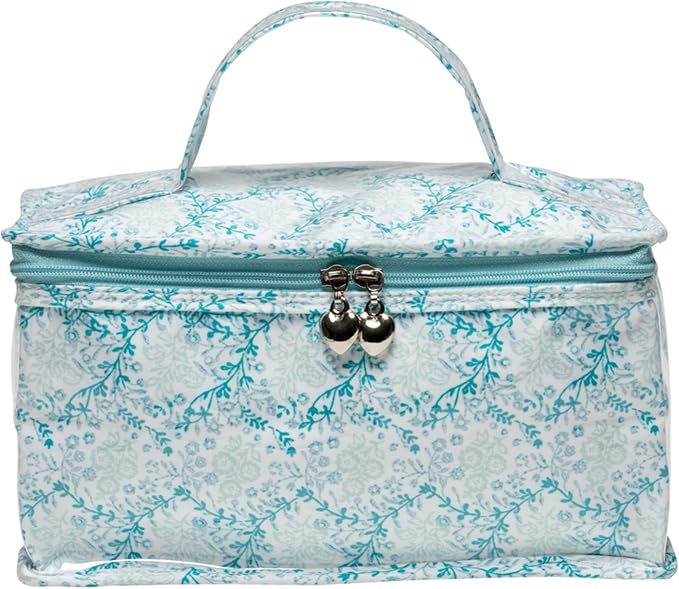 Jacaranda Living Vanity Bag/Train Case - Water-Resistant, PVC-Lined, Easy to Clean, Compact & Travel Ready Makeup Organizer - Aqua Trellis Print