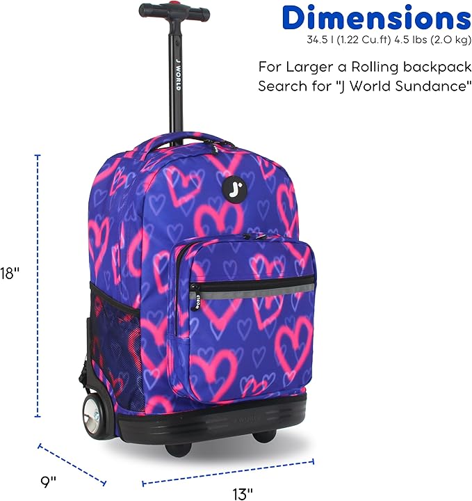 J World Sunrise Kids Rolling Backpack for Girls Boys. Roller Bookbag With Wheels For School, Heart Spray