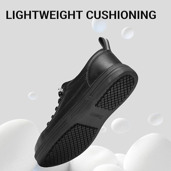 Treesky Black Slip On Non Slip Work Shoes for Women, Faux Leather Sneakers | Slip resistant soles, water resistant faux leather, wipe clean, EVA cushioning, no-tie slip-on, for kitchen & food service