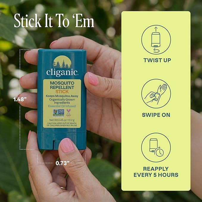 Cliganic Mosquito Repellent Stick for Adults & Kids - 5 Hours of Natural, DEET-Free Protection, Non-GMO Verified, with Organically Grown Ingredients & Essential Oils, Easy to Use Travel Stick