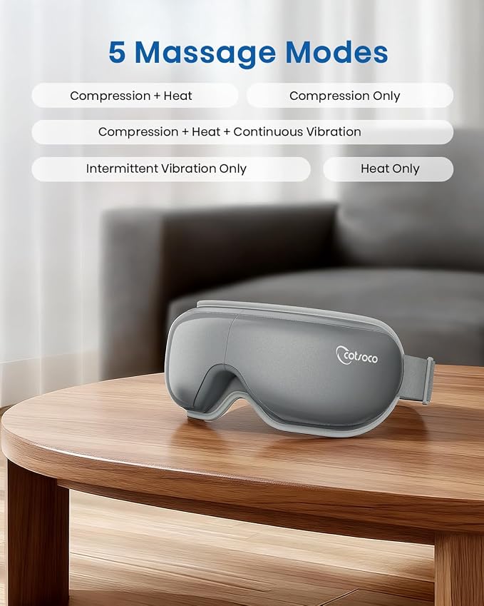 cotsoco Eye Massager with Heat, Remote, and Compression, Adjustable Foldable Sleep Mask for Relaxing Eyes and Better Sleep, Migraine Relief Device, Birthday Gifts for Women Men Her Him-Gray