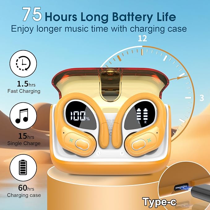 Wireless Earbuds 75hrs Bluetooth 5.4 Headphone Sport, 2026 Bluetooth Earbuds Stereo Deep Bass Over Ear Bud with Earhooks, ENC Noise Cancelling Mic, IPX7 Waterproof Earphone for Gym/Workout, Yellow