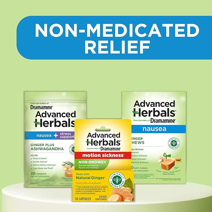 from The Makers of Dramamine, Advanced Herbals Ginger Chews for Nausea Relief, Morning Sickness Relief & Motion Sickness Relief During Travel, Lemon-Honey, 40 Count