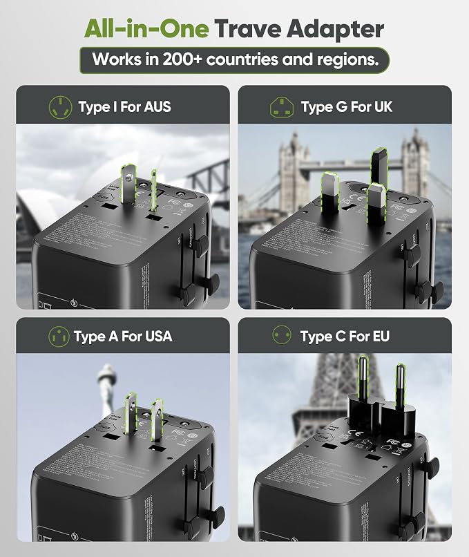 70W GaN Universal Travel Adapter with Retractable USB-C Cable, Fast Wall Charger for MacBook Pro/Air, Laptops, 6-in-1 International Plug for US/UK/EU/AU (Over 200 Countries)