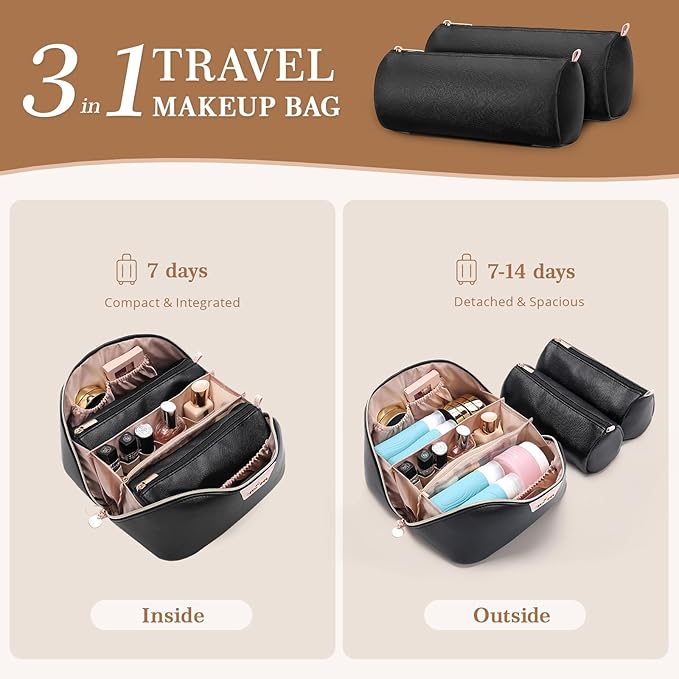 Travel Makeup Bag for Women: 3-in-1 Large Capacity Cosmetics Organizer with 2 Detachable Pouch - Vegan Leather Flat Open Toiletry Bag - Portable Travel Essentials for Full-Sized Bottles-Black