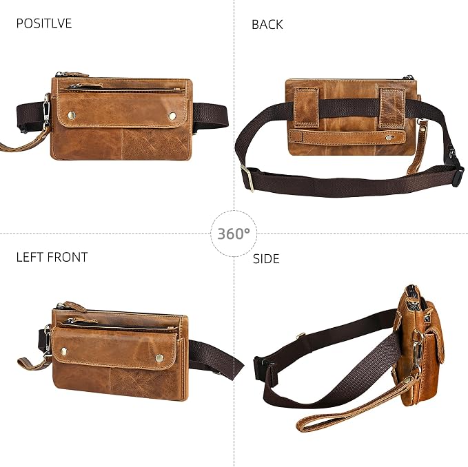 Water Resistant Canvas + Leather Hiking Riding Travel Fanny Waist Pack Small Phone Pouch For Men Women FB811-29 (100% Leather-The 8136 Brown2)