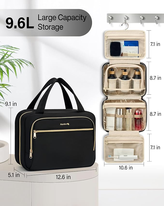 Hanke Hanging Travel Toiletry Bag for Women, Water-Resistant Makeup Organizer with Hook, Cosmetic Bag for Bathroom & Travel Essentials Accessories, Black