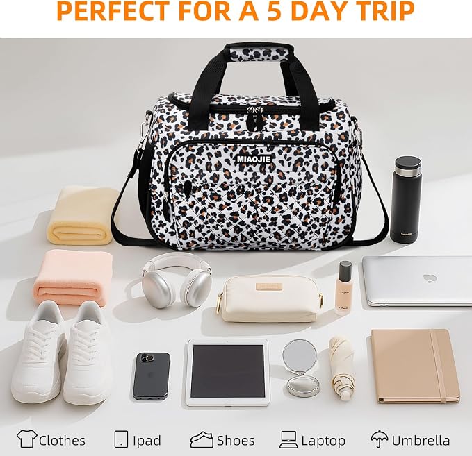 Travel Duffle Bag for Women, Underseat Carry On luggage Bag Foldable Overnight Weekender Hospital Bag Lightweight Airplanes Personal Item Travel Tote Bag for Women Birthday Gifts, 16IN Leopard Print
