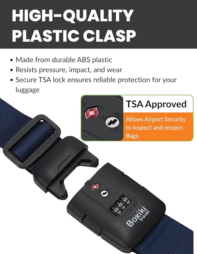 Navy Blue TSA Approved Luggage Straps Set of 2, Precision-Crafted Anti-Burst Adjustable Polyester Suitcase Belts with 3-Dial Combination Lock, Secure Travel Belt for Checked Bags