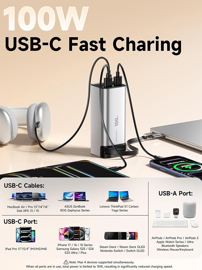 REWONDER 100W Power Bank Fast Charging 20000mAh with Built-in Retractable USB-C Cable, Portable Charger for MacBook Laptop, iPhone 17/16 Series, Samsung, TSA Approved for Air Travel