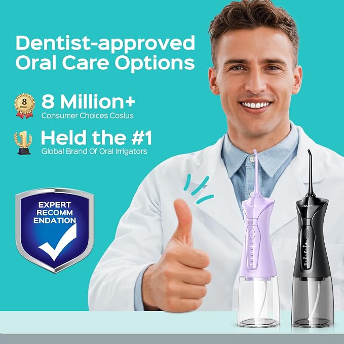 COSLUS Water Dental Flosser Pick for Teeth C30(FC5360): 4 Modes Cordless Portable 300ML Larger Tank Water Teeth Cleaner IPX7 Flossing Cleaning Picks for Home Travel Black & Purple 2pcs Portable Set
