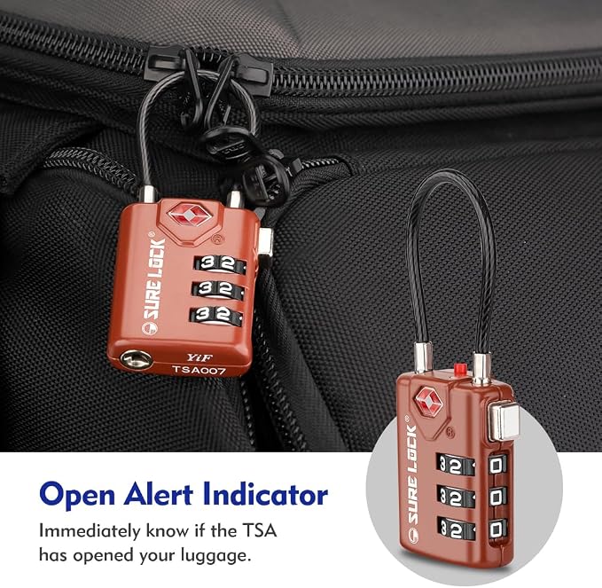 SURE LOCK TSA Approved Luggage Locks with Open Alert Indicator, 3 Digit Combination Cable Travel Lock for Suitcase, Backpack, Gym Locker, Toolbox & Travel Bag