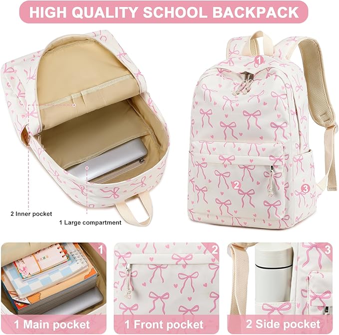 LOIDOU Backpack for Girls School Backpacks Bookbags for Elementary Middle School Women Laptop Backpacks (Bow tie Beige, L-17)