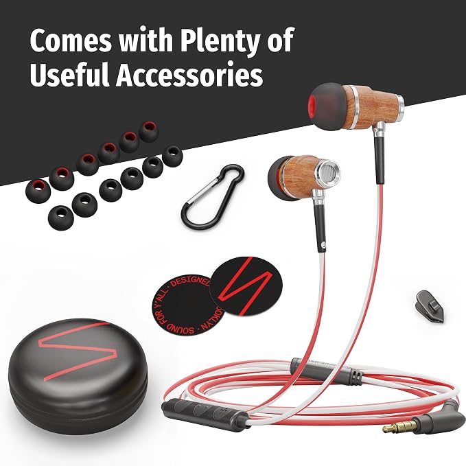 Symphonized Wired Earbuds 3.5mm Jack – Wooden Earphones with Mic & Volume Control, Plug In Ear Headphones Wire, Corded Ear Buds Wired Earbuds with Microphone for Computer, Laptop & Phone with Aux Cord