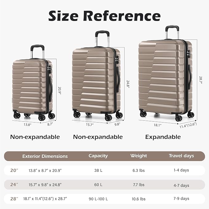 Coolife Luggage Sets, 3 Piece Hard Shell Suitcase Set with Spinner Wheels, Expandable Large Checked Luggage, Lightweight Rolling Carry On with TSA Lock Brown