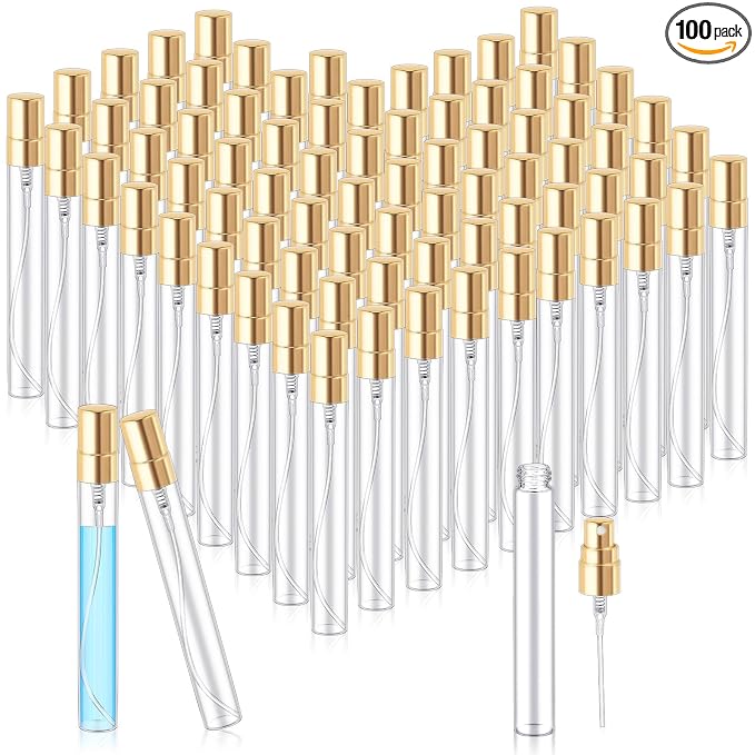 Zhehao 100 Pcs Mini Spray Bottles 10 ml Clear Glass Perfume Bottles Refillable Fine Mist Perfume Atomizer Portable Empty Sample Containers for Cleaning, Essential Oils, Travel (Gold Cap)